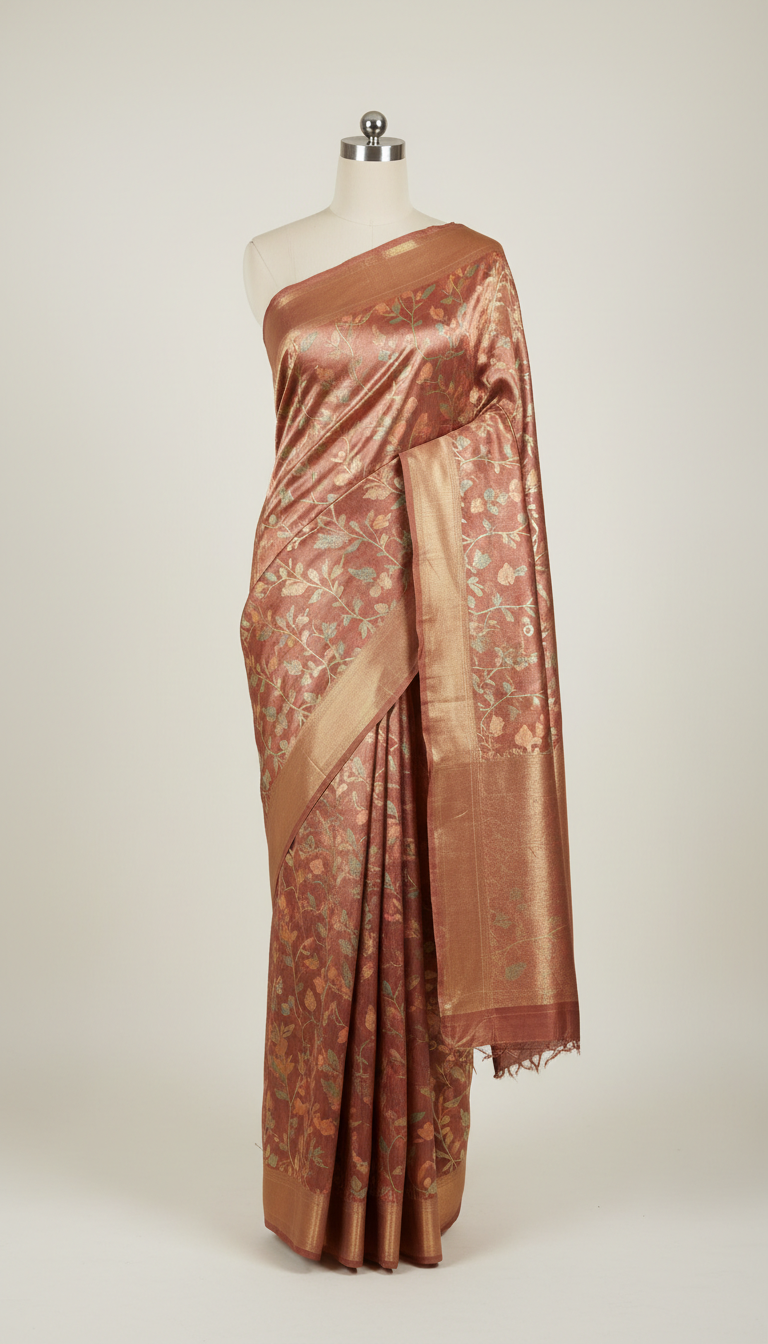Rose gold silk saree with metallic accents